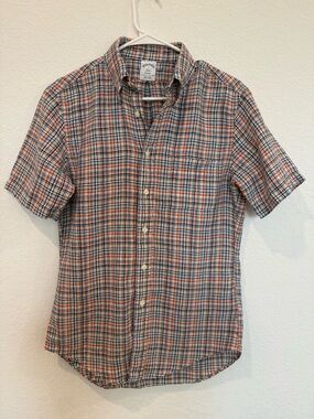 Brooks Brothers Orange & Blue Plaid Short-Sleeve Button-Down 100% Linen Shirt